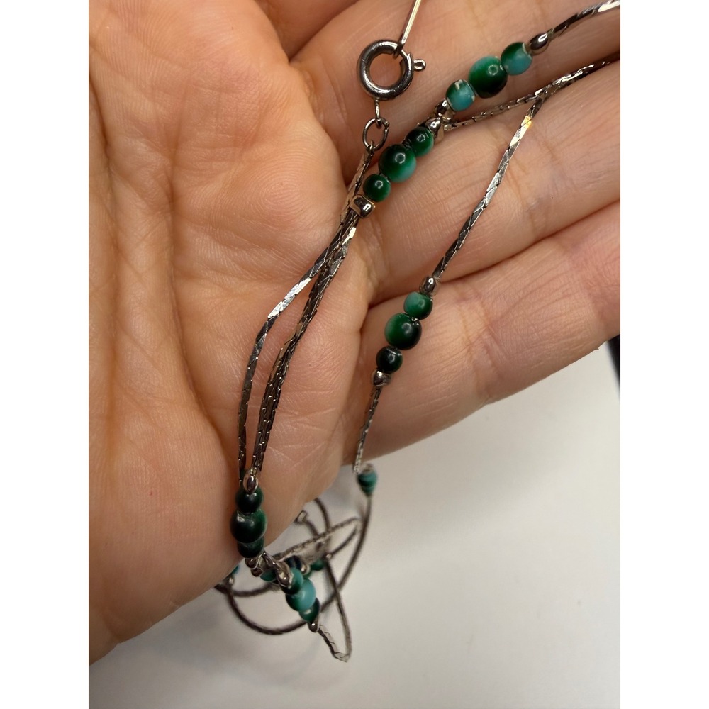 Vintage Silver Tone Green Teal Beaded Chain Necklace 24 Inch Korea Hallmarked